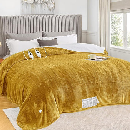 greenoak Heated Blanket Electric Queen Size 84"X90" Dual Control, Heating Blankets with 10 Levels 8 Hours Auto-Off, Soft Flannel House Warming Gifts for Grandma Seniors Mom, Brownish Yellow