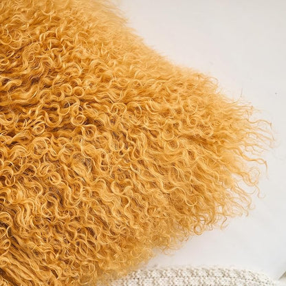 Genuine Mongolian Lamb Fur Pillow Cover – 12"x20" Rectangular Cushion Case – Soft Curly Wool Decorative Accent for Sofa, Bed, or Chair (Mustard Yellow)