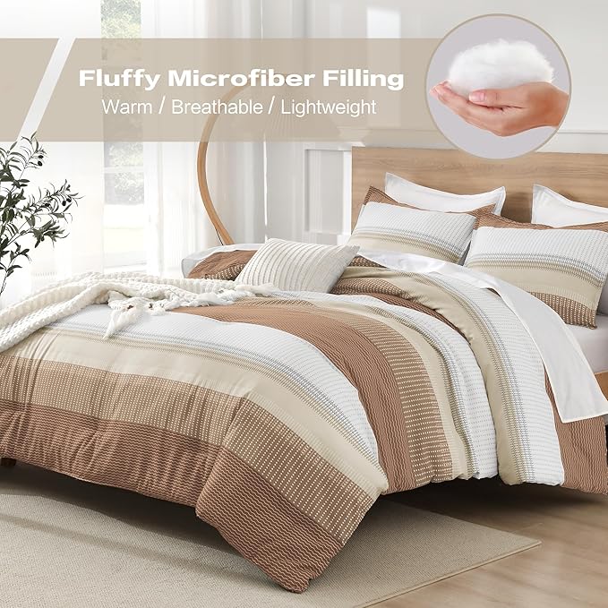 Litanika Full Size Comforter Sets Beige, 3 Pieces Lightweight Taupe Khaki White Colorblock Stripe Fluffy Bedding Comforter Sets, All Season Bed Set