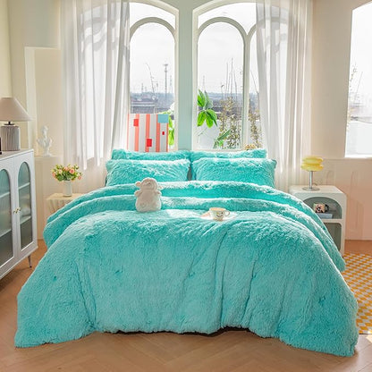 chovy Faux Fur Plush Sky Blue Comforter Sets Twin - Ultra Soft Shaggy Flannel Velvet Fluffy Fuzzy 3PC Bedding Set （Comforter x 1 Pillowcases x 2）