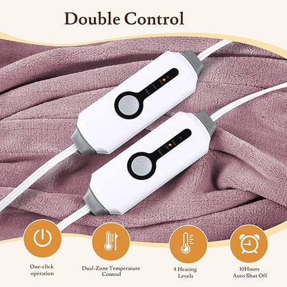 Electric Heated Blanket 90"x100" King Size - 4 Heat Settings & Dual Controllers, 10H Auto Shut Off, Ultra-Soft Coral Fleece Heated Blanket with Overheat Protection, Dark Pink