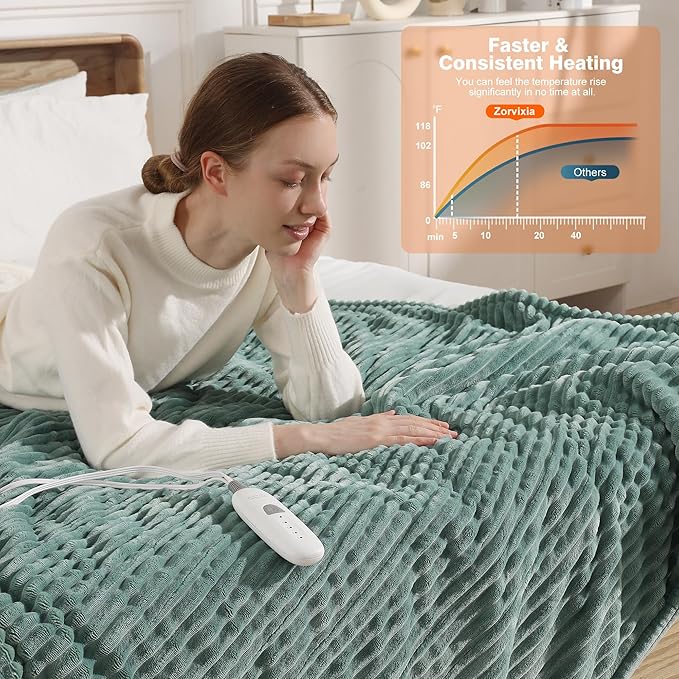 Heated Blanket King Size - Electric Heated Blanket with Dual Controls, 5 Heat Settings, 10-Hour Auto Off, Striped Flannel & Sherpa, FCC/ETL Certified, 90''x100'' Teal
