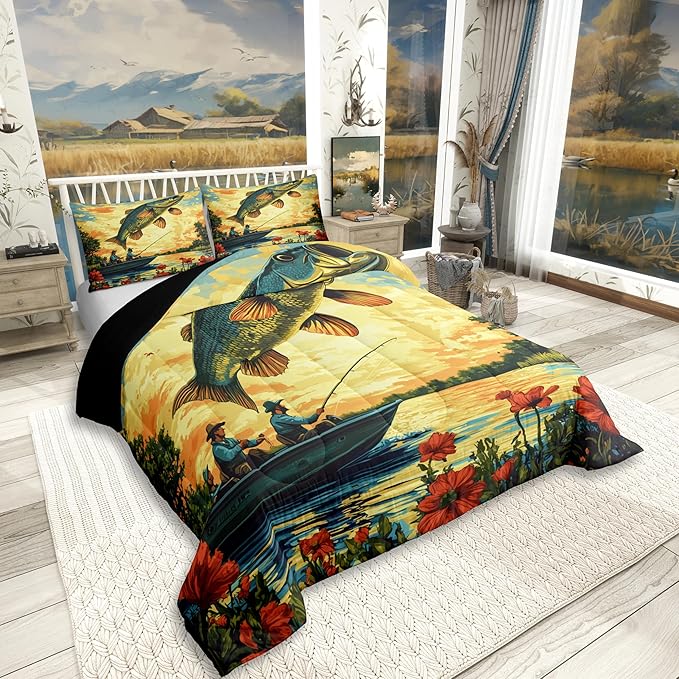 Erosebridal Bass Fishing King Comforter Set,Fisherman and Fish Bedding Sets for Kids Boys Men,Big Pike Fish Quilt Bed Set,Lake House Rustic Country Bedroom Decor,2 Pillowcases Breathable