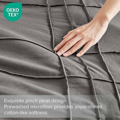 Comfort Spaces Grey Full Size Comforter Set - 3 Pieces Pintuck Pleated Bedding Sets, All Season Lightweight, Extra Softness Pre-Washed Microfiber Full Bed Set, Shams, Full