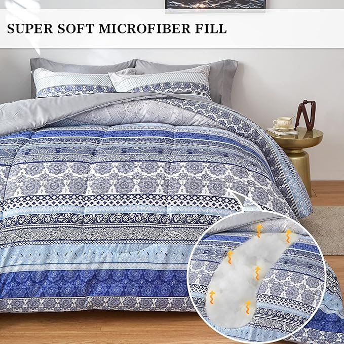 Flysheep Bohemian Striped Bed in a Bag 6 Pieces Twin Size, Boho Blue Grey Geometric Pattern Reversible Bed Comforter Set (1 Comforter, 1 Flat Sheet, 1 Fitted Sheet, 2 Pillow Shams, 1 Pillowcase)