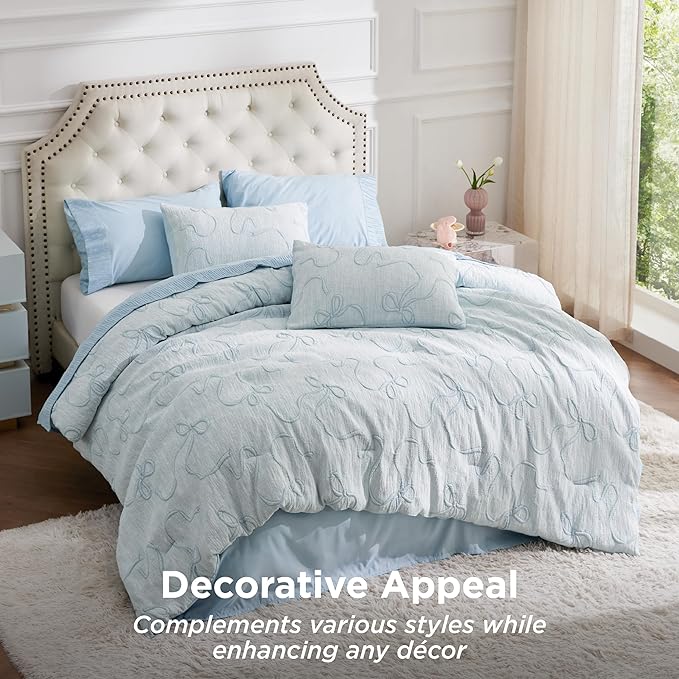 Bedsure Full Size Comforter Sets, GentleSoft™ 3 Pieces Bow Cute Bedding Blue Room Decor Aesthetic, Full Size Bedding Sets Gifts for Her, 1 Blue Comforter, 2 Pillow Shams, 82x86 Inches