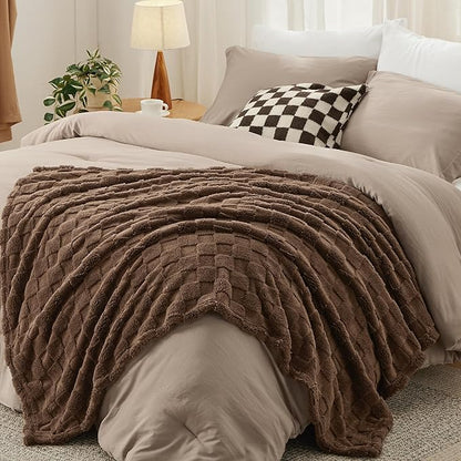 Bedsure Comforter Full Size 5 Pieces - Full Size Comforter Set with Checkered Throw Blanket and Decorative Pillow, Lightweiget Bedding, All Season Bedding Sets, Light Camel