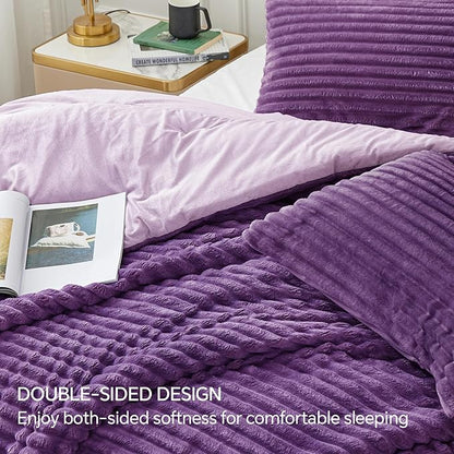 BEDELITE Fleece Full Comforter Set -Super Soft & Warm Fluffy Purple Bedding, Luxury Fuzzy Heavy Bed Set for Winter with 2 Pillow Cases