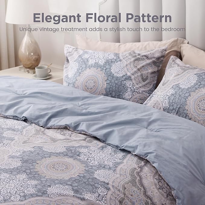 Sophia & William Foggy Blue Damask King Size Comforter Set, 3 Pcs Cotton Comforter Set with Printed Comforter & 2 Pillowcases, All Season Lightweight Bedding Set