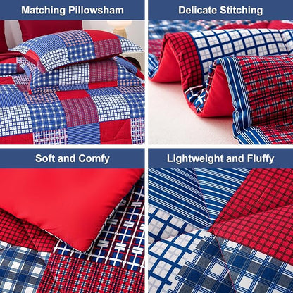 Comforter Set King Size Plaid Patchwork Comforter Bedding-7 Piece Bed in a Bag,Soft Reversible Microfiber Bedding Set(1 Comforter,1 Flat Sheet,1 Fitted Sheet,2 Pillowcases,2 Pillow Shams)Red Blue