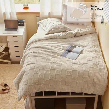 Joiedomi Tufted Twin Comforter Set, 2 Pieces Beige Boho Twin Bedding Set with 1 Plaid Geometric Comforter and 1 Pillow Sham, Checkered Bed in a Bag for All Seasons
