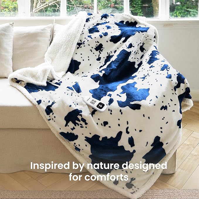Cow Print Heated Throw Blanket Electric Blanket-Heating Blanket Throw with 10 Heat Levels & 10 Hours Auto-Off, Cozy Soft Fleece Sherpa, Washable, 50 x 60 Inches Cow Print Blue