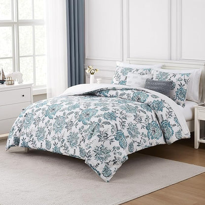 Modern Threads 5-Piece Printed Comforter Set, Athenas King in White and Teal – Soft Comforter, 2 Pillow Shams, and 2 Decorative Pillows