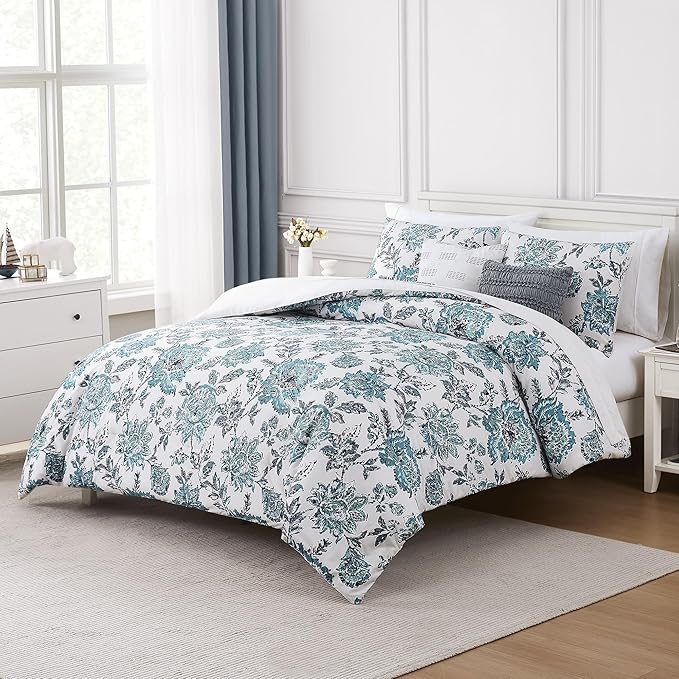 Modern Threads 5-Piece Printed Comforter Set, Athenas Queen in White and Teal – Soft Comforter, 2 Pillow Shams, and 2 Decorative Pillows