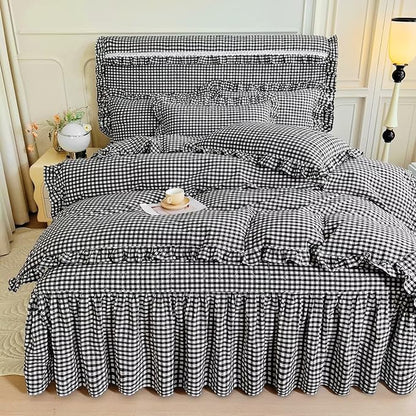 mixinni Vintage Black Gingham Ruffle Comforter Set 3-Piece Washed Cotton Queen Size Grid Bedding Set with Geometric Checkered Pattern, Farmhouse Chic Soft Fluffy Comforter for All-Season