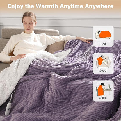 Electric Throw Heated Throw 50''x60'', Striped Flannel & Thicker Sherpa, 5 Heat Settings & 4 Hour Auto Off with FCC/ETL Certified, Overheat Protection & Machine Washable, Great Gift, Lavender Purple