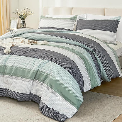 Litanika Oversized Queen Comforter Set Sage Green 98x98-3 Pieces Lightweight Green White Colorblock Stripe Fluffy Bedding Comforter Sets, All Season Bed Set