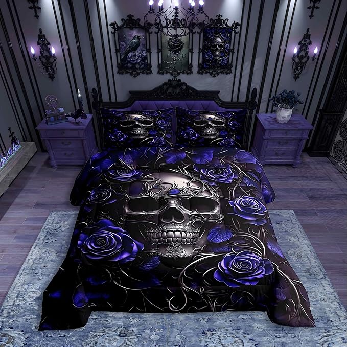 Erosebridal Gothic Skull Bedding Set for Adluts Kids Teens Halloween Goth Toddler Comforter Vintage Victorian Romantic Navy Blue Rose Floral Quilt Spooky Skeleton Boho Horror Bedding,Gothic Decor