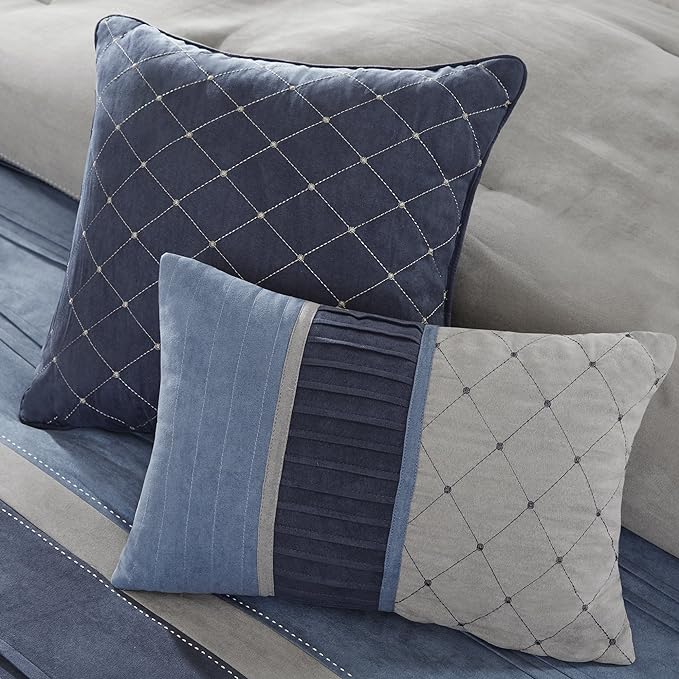 Madison Park Cozy Comforter Set Casual Modern Design - All Season Bedding, Matching Bed Skirt, Decorative Pillows, Collins, Suede Blue Grey King(104"x92") 7 Piece
