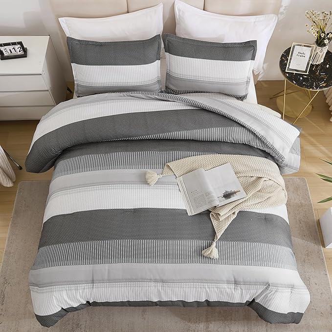 Litanika Dark Grey Comforter Set Super King - 3 Pieces Lightweight Dark Grey Colorblock Stripe Fluffy Bedding Comforter Sets, All Season Bed Set