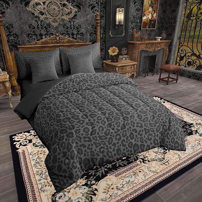 Castle Fairy Leopard Print Queen Size Bed Sets,Gray Wild Animal Skin All Season Comforter Set,African Cheetah Wildlife Bedding Set with 1 Comforter,2 Sheets,2 Pillowcases and 2 Pillow Covers,7 Pieces