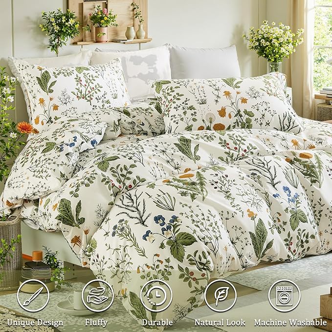 Green Comforter Set King, 100% Cotton Reversible Floral Pattern Comforter Set 3 Pcs Soft Cotton Lightweight Comforter All Season Soft & Breathable Green Bedding Set