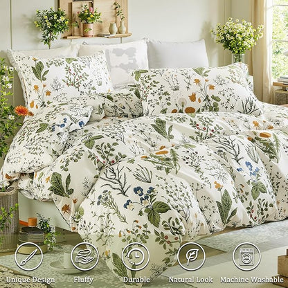 Green Comforter Set King, 100% Cotton Reversible Floral Pattern Comforter Set 3 Pcs Soft Cotton Lightweight Comforter All Season Soft & Breathable Green Bedding Set