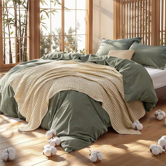 Bedsure 5 PCS Cotton Comforter Set with Cotton Waffle Throw Blanket - Olive Green Comforter King Size, Pillow Shams, Beige Cooling Blanket of Rayon Derived from Bamboo for Hot Sleepers, Throw Pillow