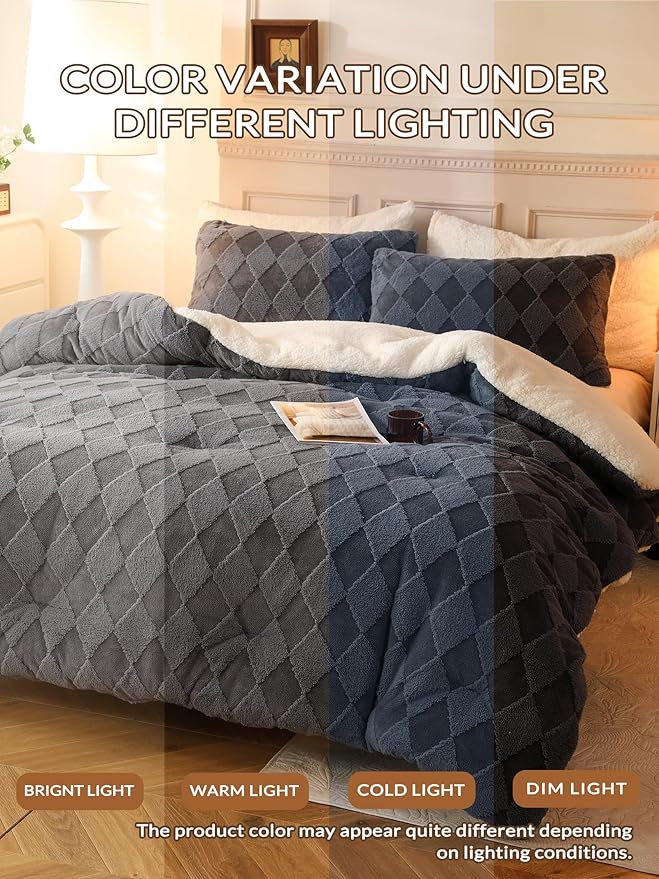Tufted Fleece Comforter Set Queen - Super Soft Warm Fluffy Shaggy Bedding Sets, Diamond Plaid Jacquard Bed Set for Winter, 1 Sherpa Comforter with 2 Pillow Cases (90"X90" Grey)