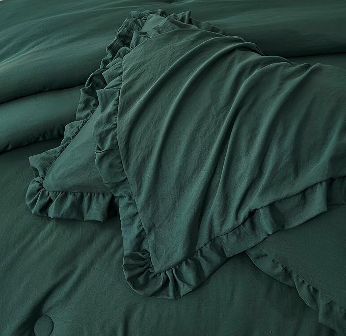 Chezmoi Collection Nora Emerald Green Comforter Set Full Size 3-Piece Fluffy Soft Lightweight Bedding Ruffled Edge Trim Stone-Washed Microfiber Comforter Set for All Season