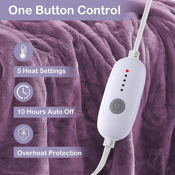 Electric Heated Blanket Full Size 72"x84",Fast Heating, Soft Plush Microplush for Bed & Couch, 10 Hours Auto Off 5 Heating Levels, Machine Washable, Gifts for Grandma & Family-Light Purple