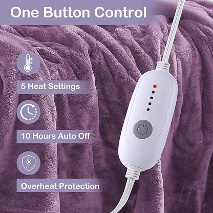 Electric Heated Blanket Full Size 72"x84",Fast Heating, Soft Plush Microplush for Bed & Couch, 10 Hours Auto Off 5 Heating Levels, Machine Washable, Gifts for Grandma & Family-Light Purple