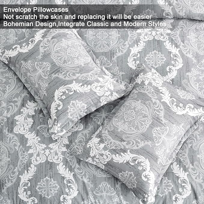 WONGS BEDDING Grey Comforter Set King Size, Damask Texture 7 Pieces Gray Bed in a Bag Microfiber Boho Comforter Bedding Sheet Set with Comforter, Flat Sheet, Fitted Sheet,Pillow Shams,Pillowcases