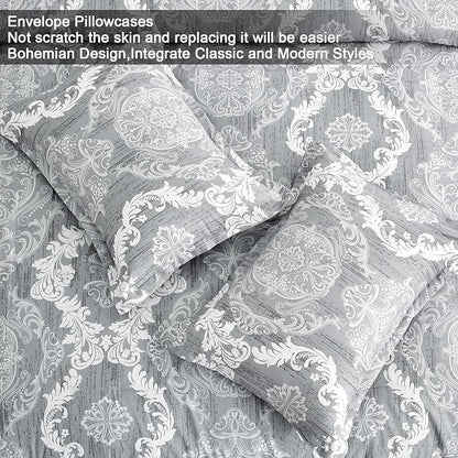 WONGS BEDDING Grey Comforter Set Queen Size, Damask Texture 7 Pieces Gray Bed in a Bag Microfiber Boho Comforter Bedding Sheet Set with Comforter, Flat Sheet, Fitted Sheet,Pillow Shams,Pillowcases