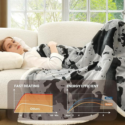 Cow Print Heated Blanket Full-Heating Electric Blanket Full with 10 Heat Levels & 10 Hours Auto-Off, Cozy Soft Fleece Sherpa, Washable, 72 x 84 Inche Cow Print Grey