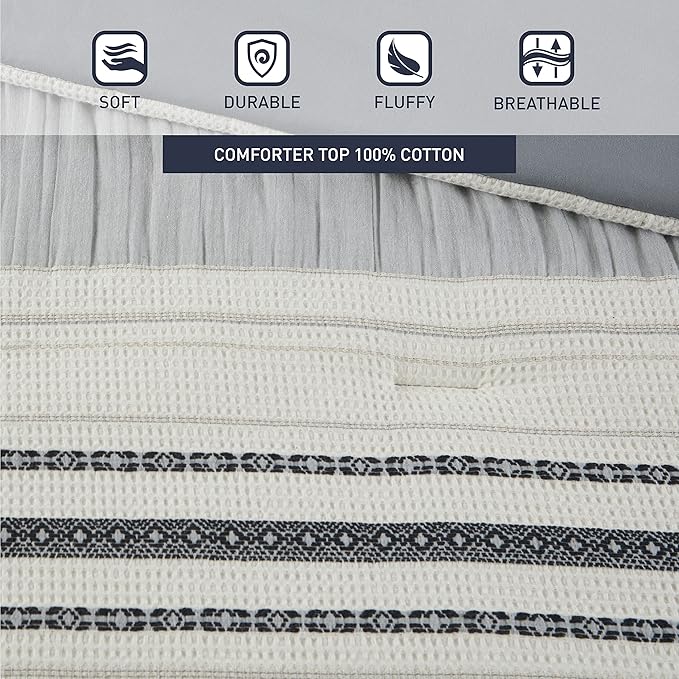 Hyde Lane Modern Farmhouse Comforter Set – King Size, 3-Piece Indigo Blue Striped Cotton Comforter with Matching Pillow Shams, Luxuriously Soft All-Season Bedding