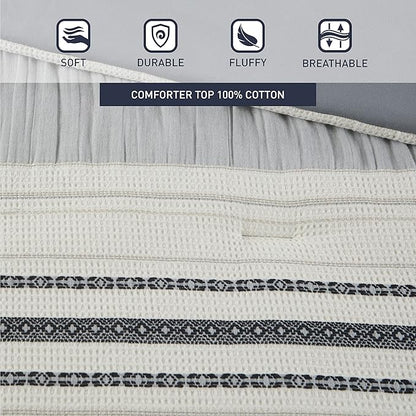 Hyde Lane Modern Farmhouse Comforter Set – King Size, 3-Piece Indigo Blue Striped Cotton Comforter with Matching Pillow Shams, Luxuriously Soft All-Season Bedding