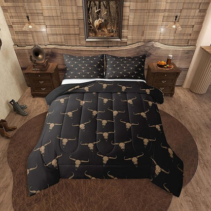 Erosebridal Bull Skull Comforter Set Full Ethnic Bohemian Bedding for Men Boys | Tribal Steer Skull Wildlife Aztec Bedroom Decor Farmhouse Cabin Lodge Duvet Insert with 2 Pillow Cases,Black Brown