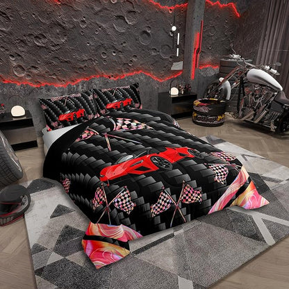 jejeloiu Red Race Car Bedding Set King Size Extreme Sports Comforter Set for Kids Teens Adult Fast and Furious Duvet Set Dazzling Flag Quilt Set 3Pcs