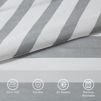 Reversible Striped Queen Comforter Set, Soft Microfiber Bedding Set with Double-Sided Stripes Design, Warm & Cozy for All-Seasons, 3-Piece Comforter and Shams Set Queen Size, Grey