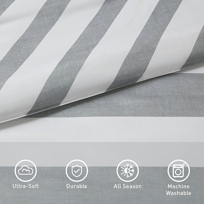 Reversible Striped Twin Comforter Set, Soft Microfiber Bedding Set with Double-Sided Stripes Design, Warm & Cozy for All-Seasons, 2-Piece Comforter and Sham Set Twin Size, Grey