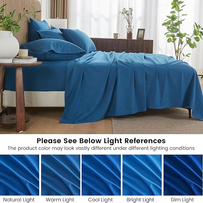 Simple&Opulence Belgian Linen Sheet Set Solid Color - 6 Pieces (1 Flat Sheet & 1 Fitted Sheet & 4 Pillowcases) 16" Deep Pocket Natural Flax Cotton Blended Soft Bedding - Navy Blue, Queen Size