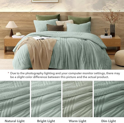 Monbix Fluffy Queen Comforter Set Sage Green, Sherpa Plush Fuzzy Comforter 3 Piece for Queen Size Bed, Luxury Soft Winter Warm Bedding Set