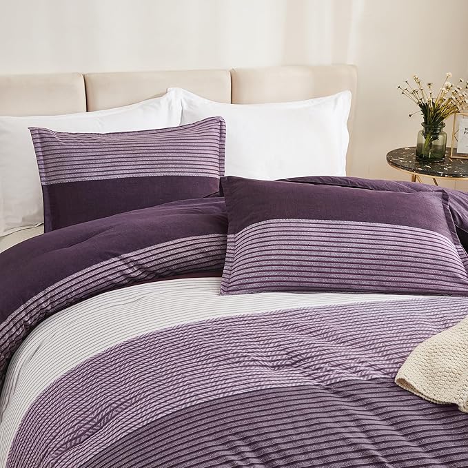 Litanika Purple Queen Comforter Set, 3 Pieces Striped Bedding Set, Lightweight Soft All Season Down Alternative Comforter Set (1 Gray&Purple Comforter, 2 Pillowcases)