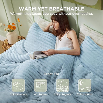 Bedsure Queen Comforter Set - GentleSoft™ 3 Pieces Fluffy Double-Side Fleece Comforter Set, Cozy Striped Room Decor Aesthetic, Luxury Light Blue Bedding Queen Size with 2 Pillowcases, 90x90 Inches