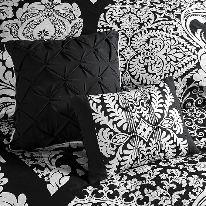 Madison Park Vienna Sateen Cotton Comforter Set, Breathable, Soft Cover, Trendy, All Season Down Alternative Cozy Bedding with Matching Shams, California King, Black 7 Piece
