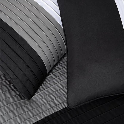 Chezmoi Collection Briar 7-Piece California King Bed in a Bag - All Season Lightweight Microfiber Comforter Set - Includes Sheets & Shams - Black/Gray/White Pleated Stripe Design