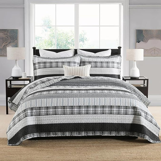 Homzard California King Comforter Set - 100% Cotton Bedding Comforter Set,Black Plaid Striped Oversized King Quilt, Black White Grey Farmhouse Bedspread (118 * 106 Inch) with 2 Pillow Shams,3 Pieces | Breathable, Lightweight, Reversible, All Season