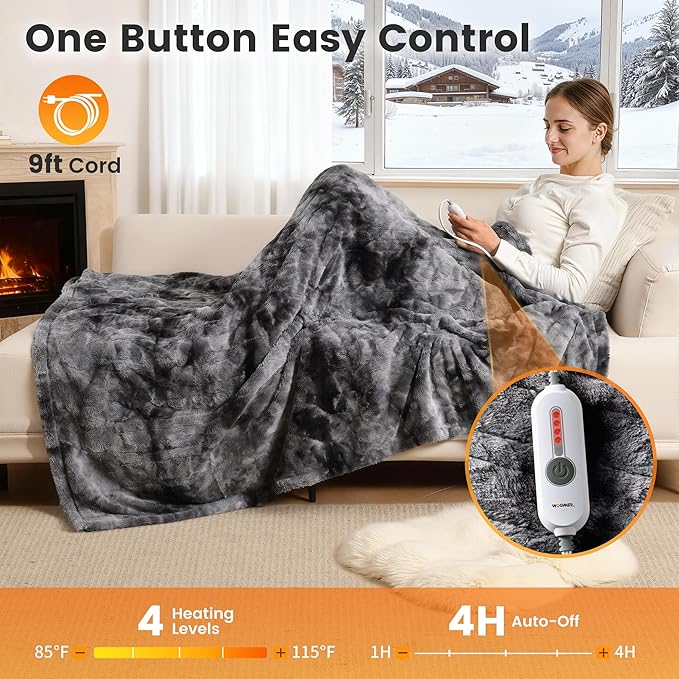 WOOMER Heated Blanket Throw 50" x 60", Electric Blanket Throw with 4 Heating Levels & 4H Auto Off, ETL Certified, Marble Grey Double-Sided Faux Fur, Over-Heat Protect, Machine Washable