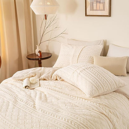 Warm Plush 3D Jacquard Boho Sherpa Fleece Twin Comforter Set for Children Kid - Cream, Twin/Twin XL Reversible Soft Bedding Comforter Set Fluffy Surface for Cozy Autumn Winter Night Christmas